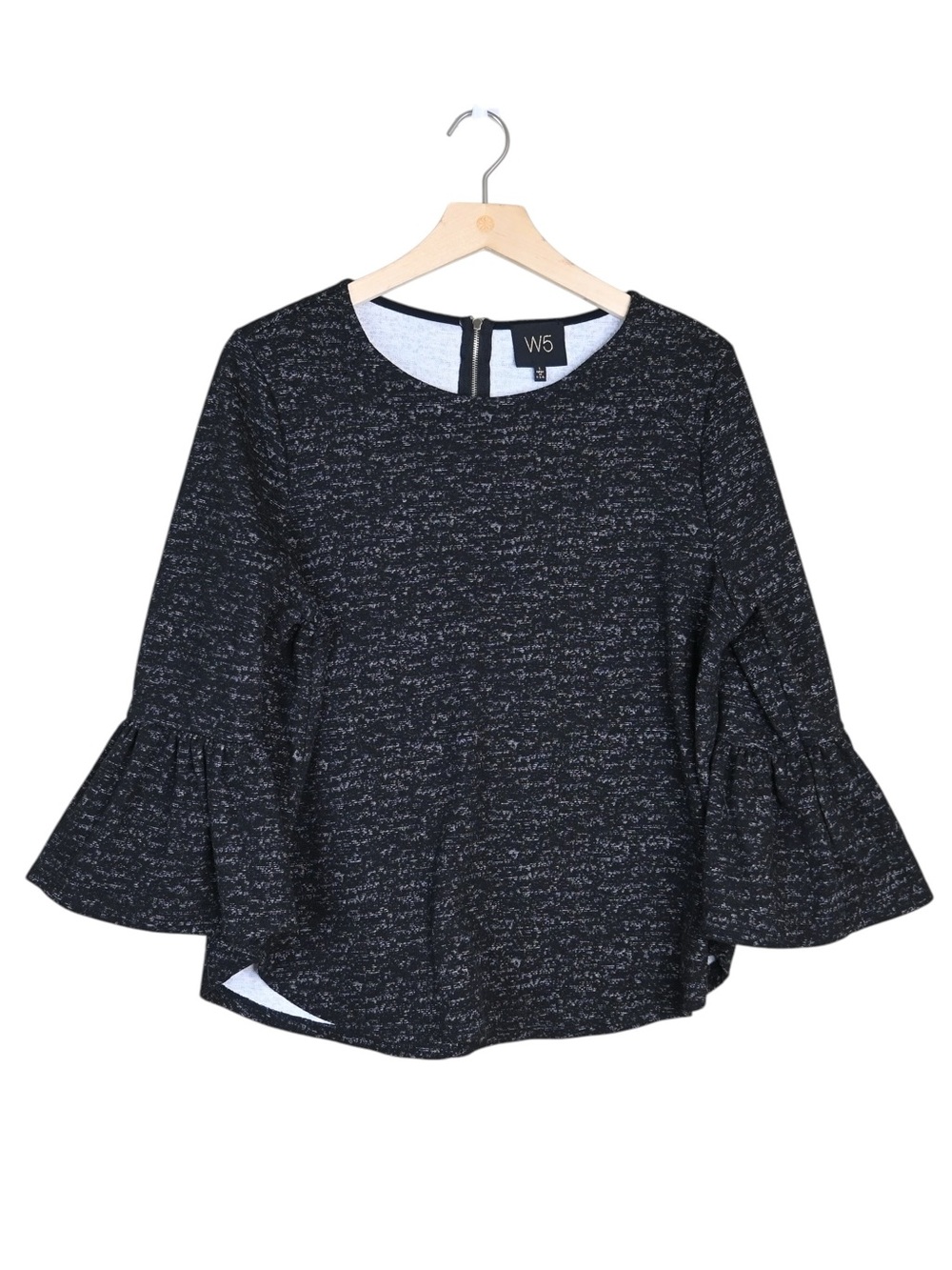 W5 Anthropologie Women's L Black Heathered 3/4 Length Bell Sleeve Knit Top